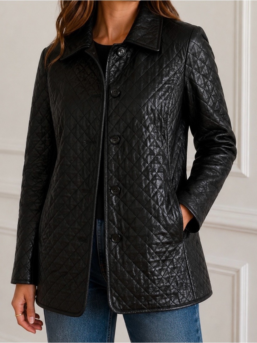 Neiman Marcus Quilted Black Lamb Leather Button-Front Jacket